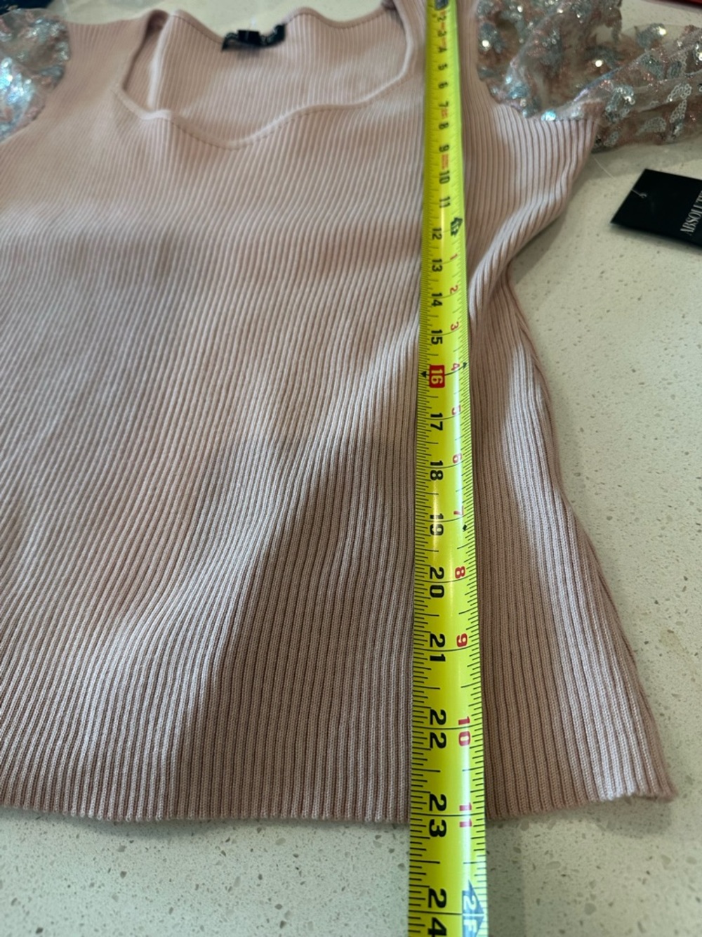 Absolutely Famous Blush Pink V-Neck Sweater with Sheer Floral Sleeves - Picture 5 of 10